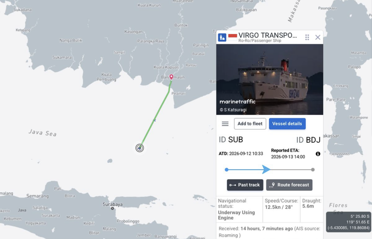 Bawa 243 Penumpang Rute Surabaya–Banjarmasin, Kapal Virgo Transport 8 Hilang Kontak di Laut Jawa