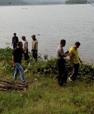 Puluhan Polisi Perangi Eceng Gondok di Waduk Darma