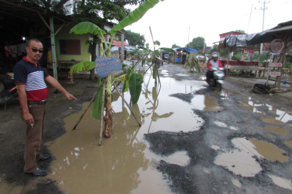 Rusak Parah, Warga Tanam Pisang Jalan Sukra-Ujung Gebang