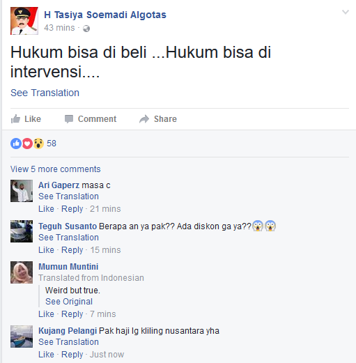 Posting Aktivitas di Facebook, Wabup Gotas: Hukum Bisa Dibeli, Hukum Bisa Diintervensi