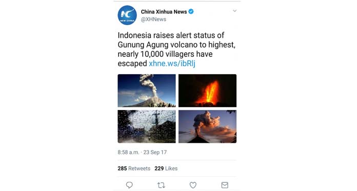 Kabar Gunung Agung Meletus Sampai ke Tiongkok