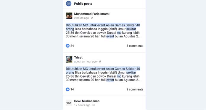 Setelah  Driver, Muncul Lowongan Kerja MC untuk Asian Games