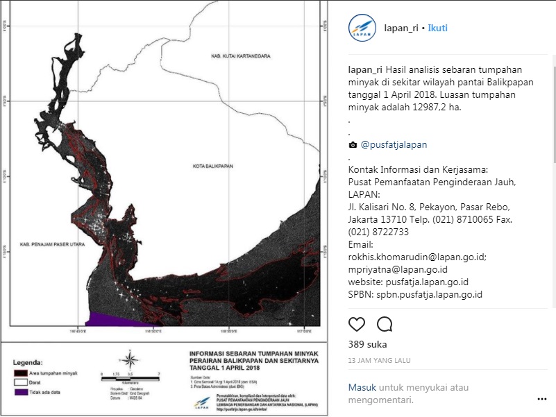 LAPAN: Citra Satelit Sebaran Luasan Tumpahan Minyak di Balikpapan  12987,2 hektare.