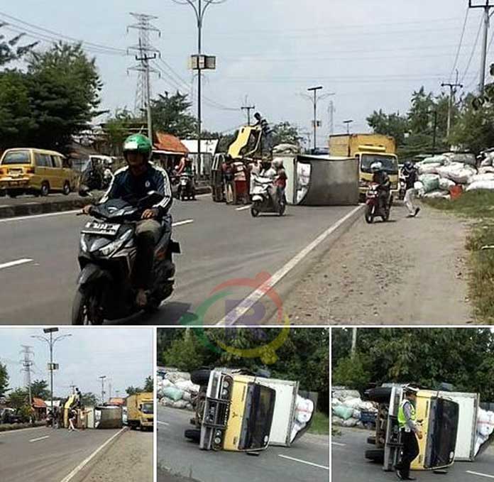 Pecah Ban, Truk Boks Terguling di Jalur Pantura Arjawinangun