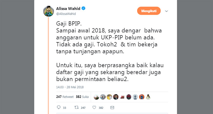 Begini Cuitan Alissa Wahid Merespons Besaran Gaji BPIP