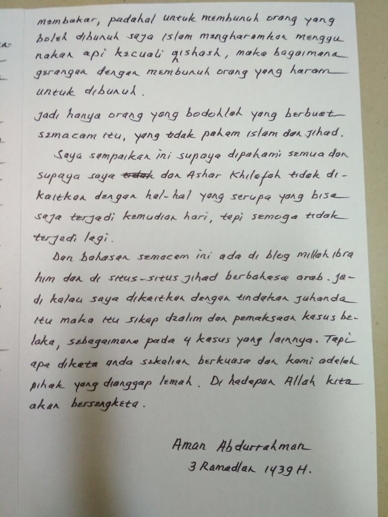 Beredar Surat Aman Abdurrahman, Mengutuk Aksi Bom Bunuh Diri di Surabaya?