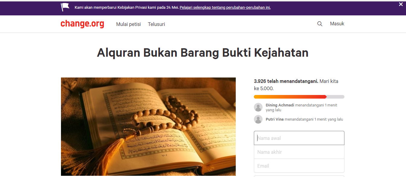 Muncul Petisi Jangan Jadikan Al Quran Sebagai Barang Bukti