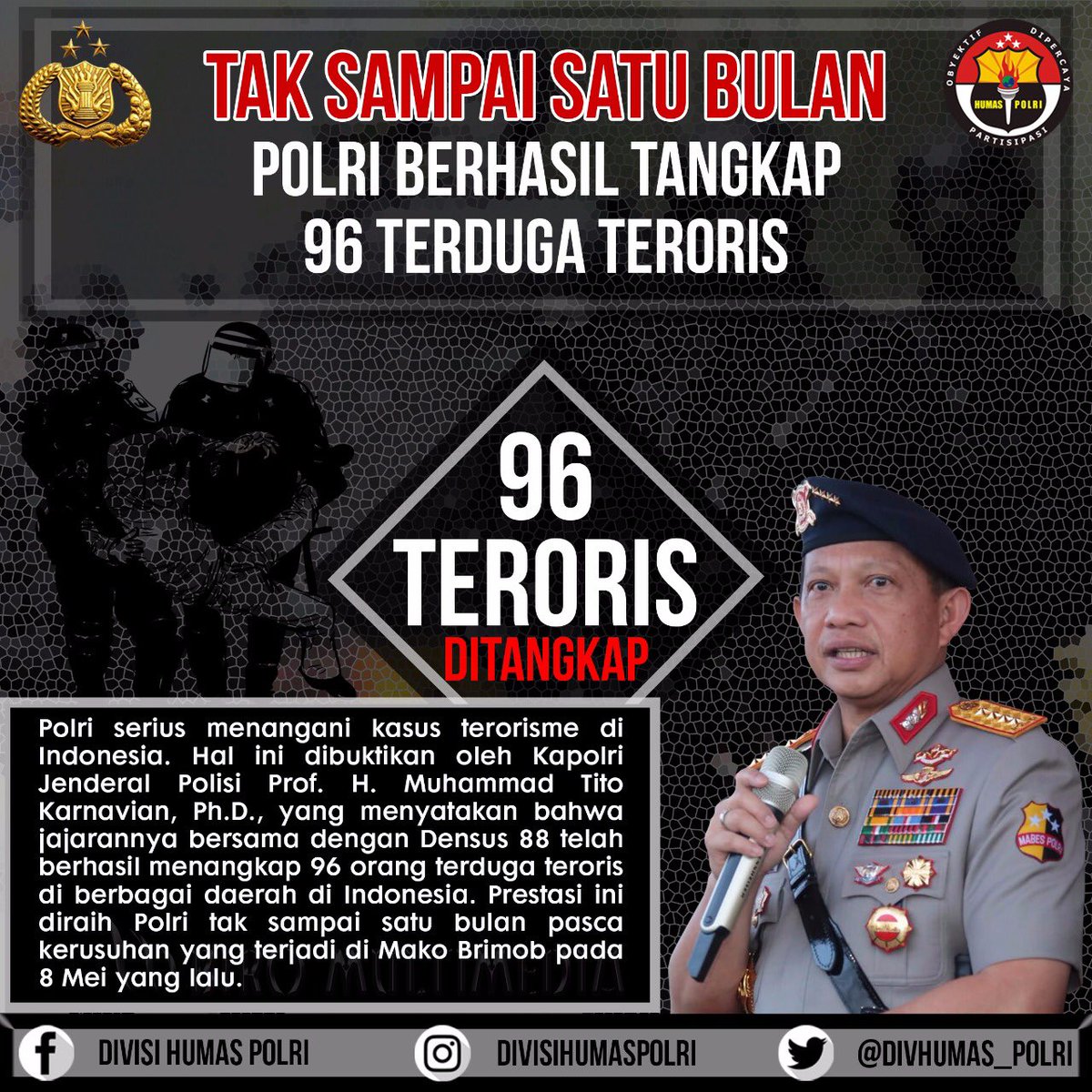 Tak Sampai Satu Bulan Polri Berhasil Tangkap 96 Terduga Teroris