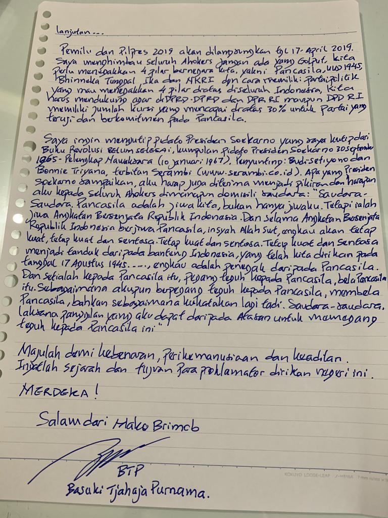 Jelang Bebas, Begini Isi Surat Ahok Kepada Pendukungnya