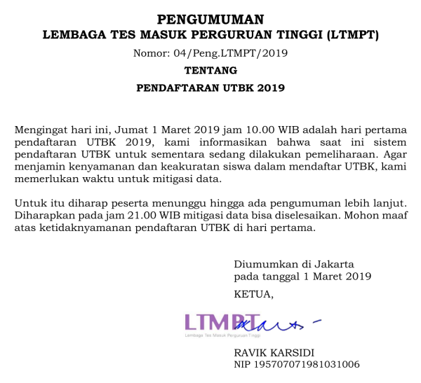 Situs Pendaftaran UTBK SBMPTN 2019 Tidak Bisa Diakses