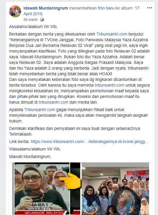 Foto Panwaslu Malaysia Yaza Azzahra Berpose Dua Jari Bersama Relawan 02: Hoax