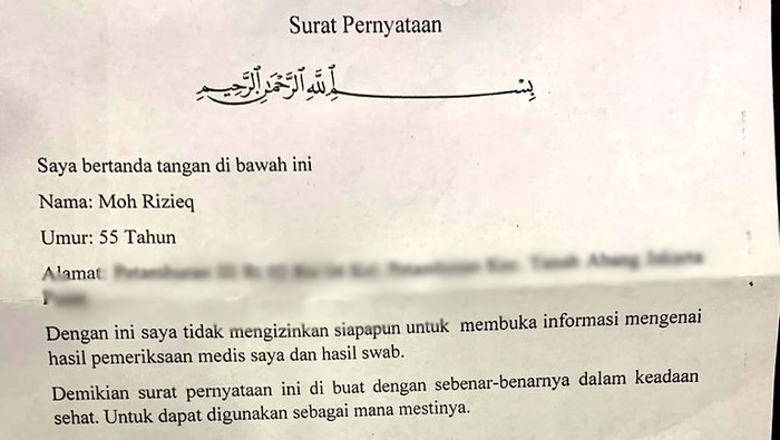 Ini Surat Habib Rizieq Tolak Ungkapkan Hasil Tes Swab