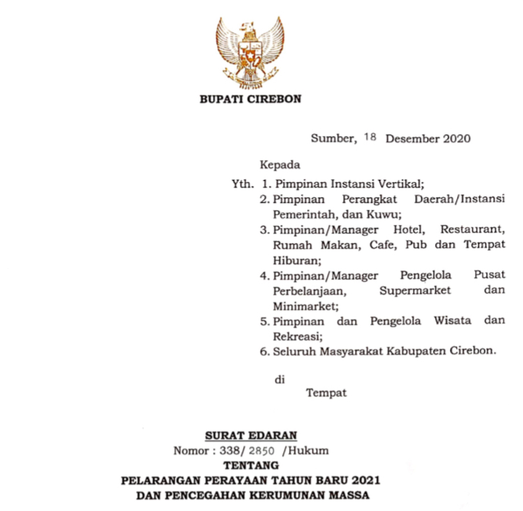 Resmi, Bupati Cirebon Keluarkan Surat Edaran Larangan Tahun Baru