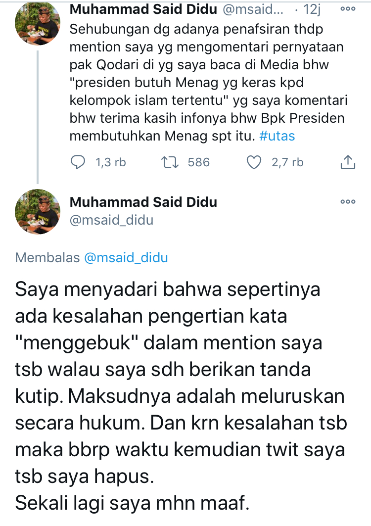 Sebut Menag untuk “Menggebuk” Islam, Said Didu Dituding SARA, Langsung Hapus Tweet dan Minta Maaf