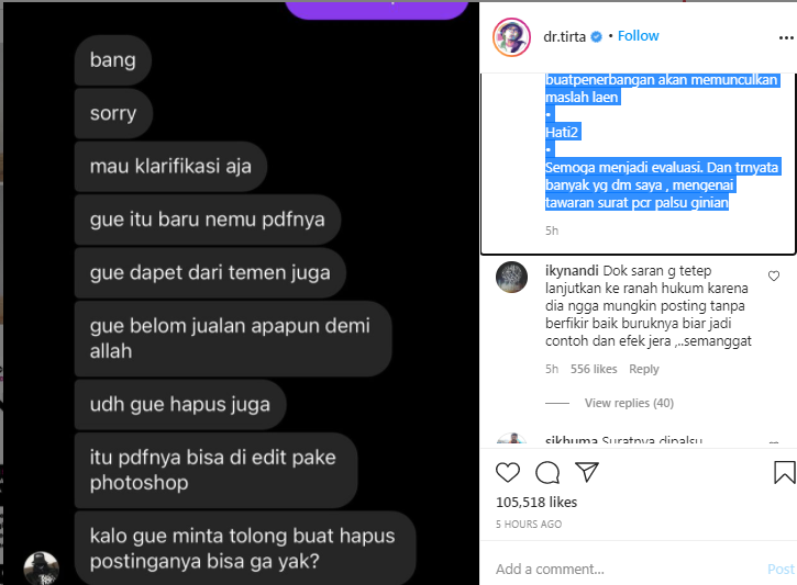 Diungkap dr Tirta, Penjual Surat PCR Palsu Ngeles, Bilangnya Begini