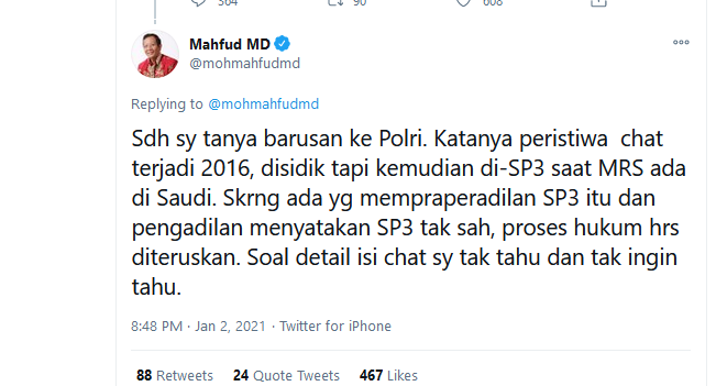 Mahfud MD Menjawab SP3 Chat Mesum Habib Rizieq yang Dibuka Lagi
