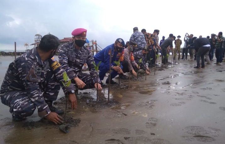 Rangkaian Pelayaran KRI Dewaruci, TNI AL Bagikan Sembako dan Penanaman Mangrove di Indramayu