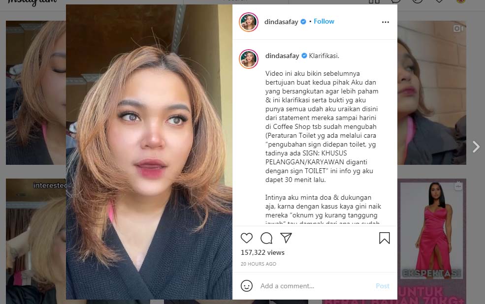 Pintu Toilet Didobrak Karyawan Kopi Kenangan, Selebgram Dinda Shafay Nangis Kejer