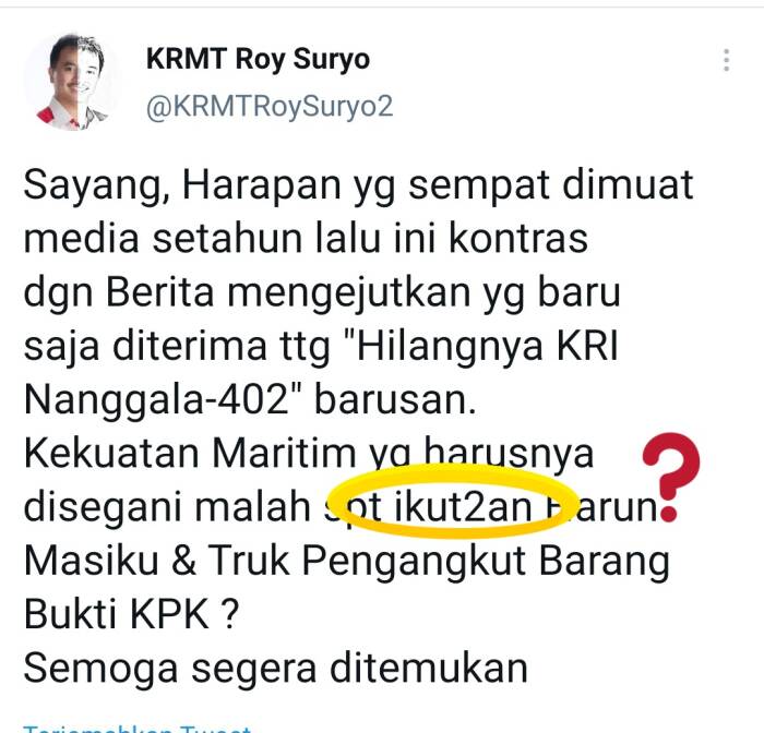 Roy Suryo Dikecam karena Samakan KRI Nanggala dengan Harun Masiku