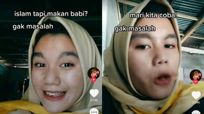 Viral Gadis Berhijab Makan Daging Babi, Sebut Tidak Masalah