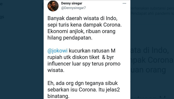 Twitt Buzzer Remehkan Covid Diungkit, Salah Satunya Denny Siregar yang Sebut Penyebar Isu Corona Binatang