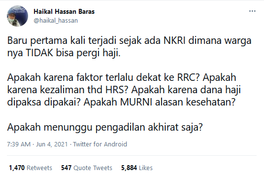 Indonesia Batal Berangkatkan Jamaah Haji, Haikal Hassan: Apakah karena Kezaliman terhadap HRS?