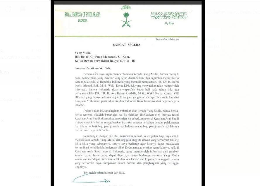 Kedubes Arab Saudi Kirim Surat ke DPR, Klarifikasi Indonesia Tidak Dapat Kuota Haji, Dibalas Begini