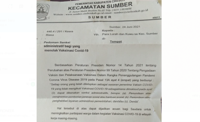 Edaran Camat Sumber: Penerima Vaksin Tolak Vaksinasi, Bansos Distop hingga Denda