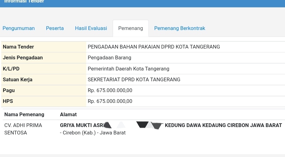 Pemenang Tender Seragam Louis Vuitton DPRD Tangerang Ternyata dari Cirebon, Beralamat di Kedawung