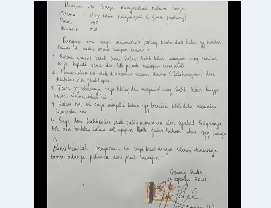 Beredar Surat Klarifikasi Tertulis Ryan Jombang Soal Ribut dengan Habib Bahar, Ngaku Salah, Begini Isinya̷