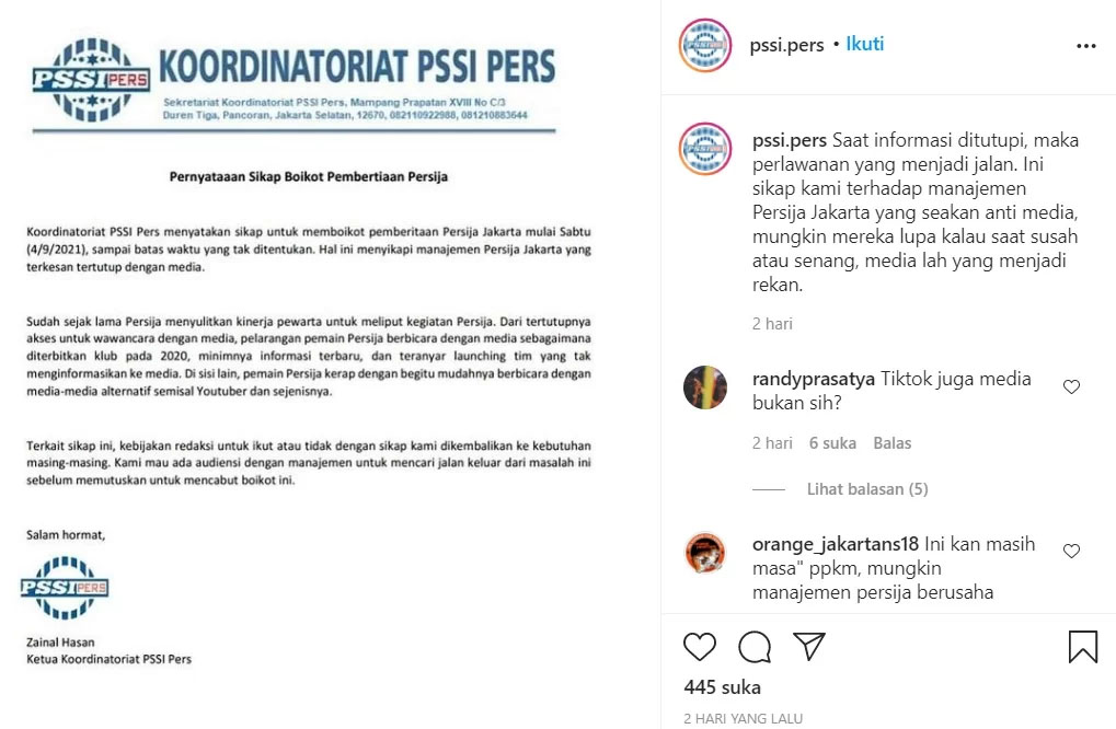 Persija Jakarta Diboikot PSSI Pers