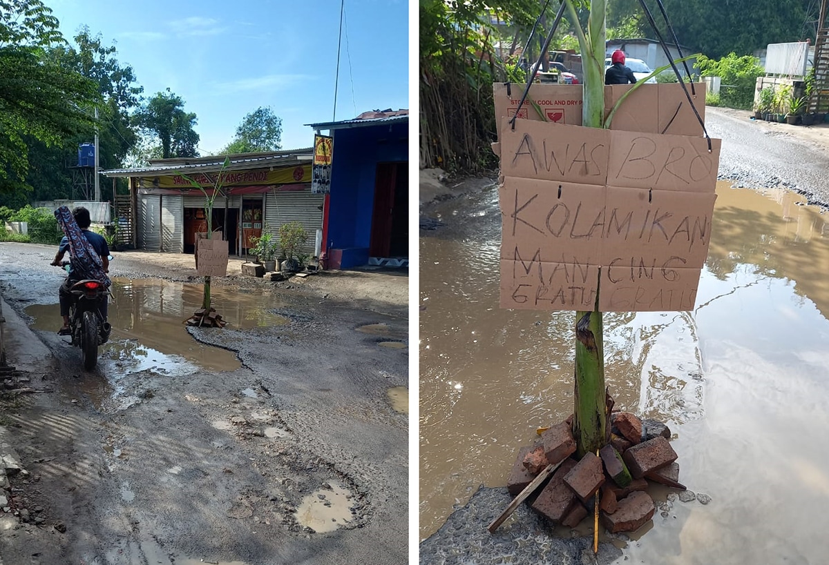 Di Desa Pamengkang Jalan Rusak Ditanami Pohon, Tertulis Mancing Gratis