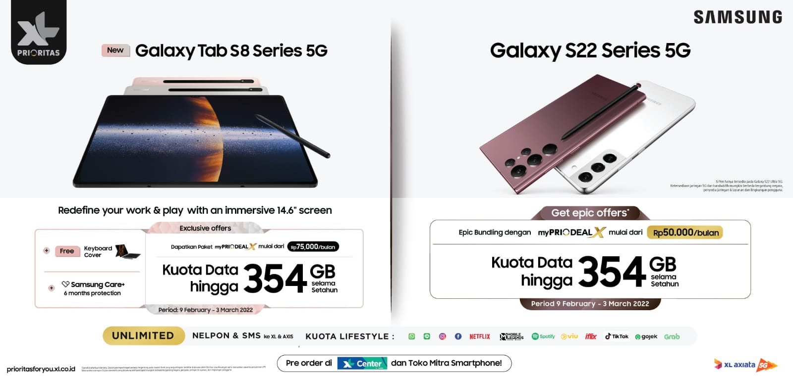 XL Axiata Buka Pre-order EksklusifSamsung Galaxy Tab S8 Series 5G dan Galaxy S22 Series 5GHarga Paket Mulai Rp