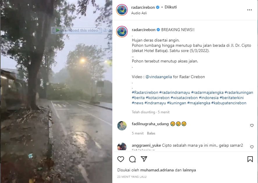 BREAKING NEWS! Hujan Disertai Angin, Pohon di Jl Cipto Tumbang