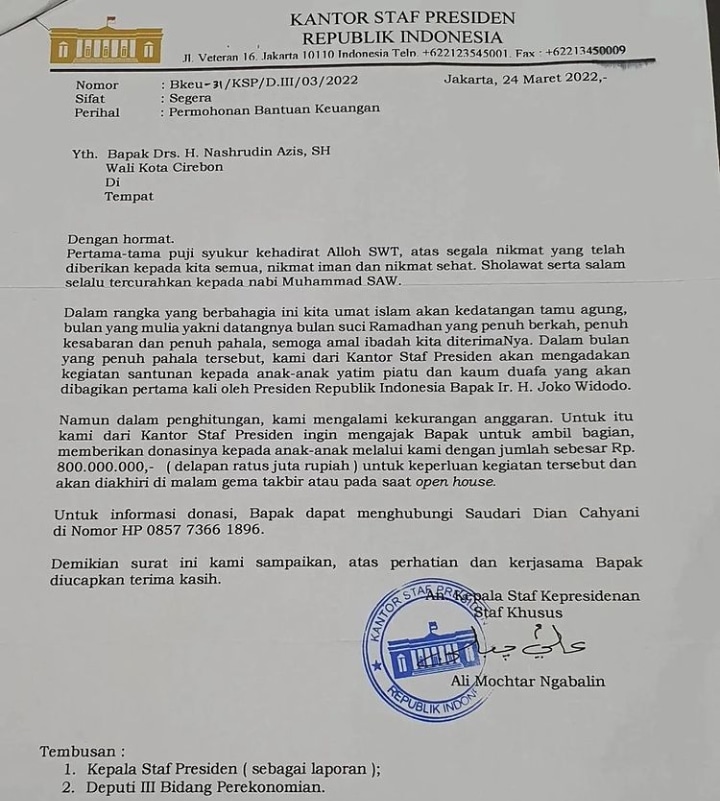 Penampakan Surat yang Catut Ngabalin Minta Sumbangan ke Walikota Cirebon, Bawa-bawa Jokowi