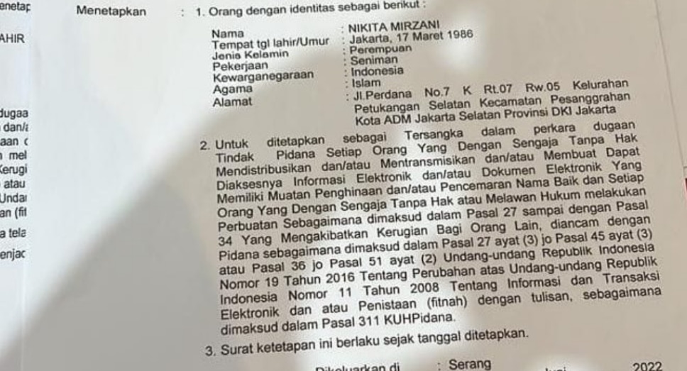 Beredar Surat Nikita Mirzani Jadi Tersangka, Begini Penjelasan Polresta Serang