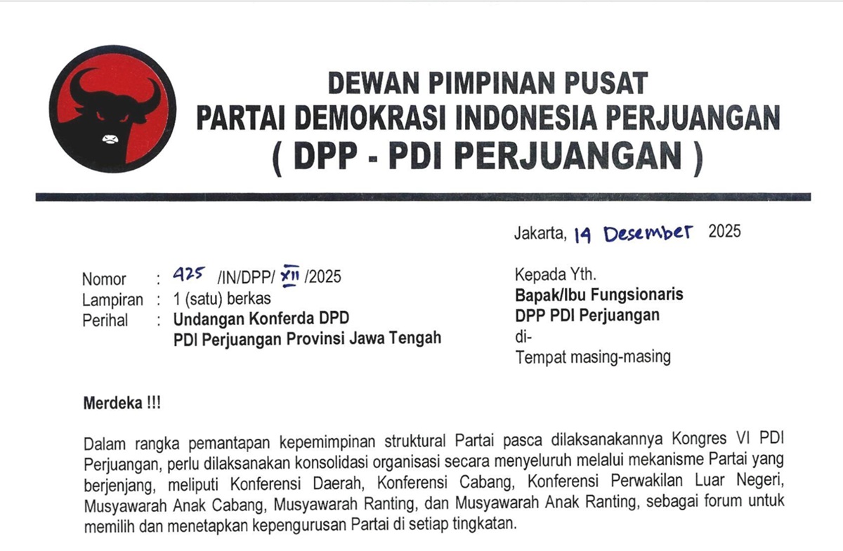 Bocoran Surat DPP PDIP, Konferda Jawa Tengah Digelar di Jakarta 16 Desember 2025