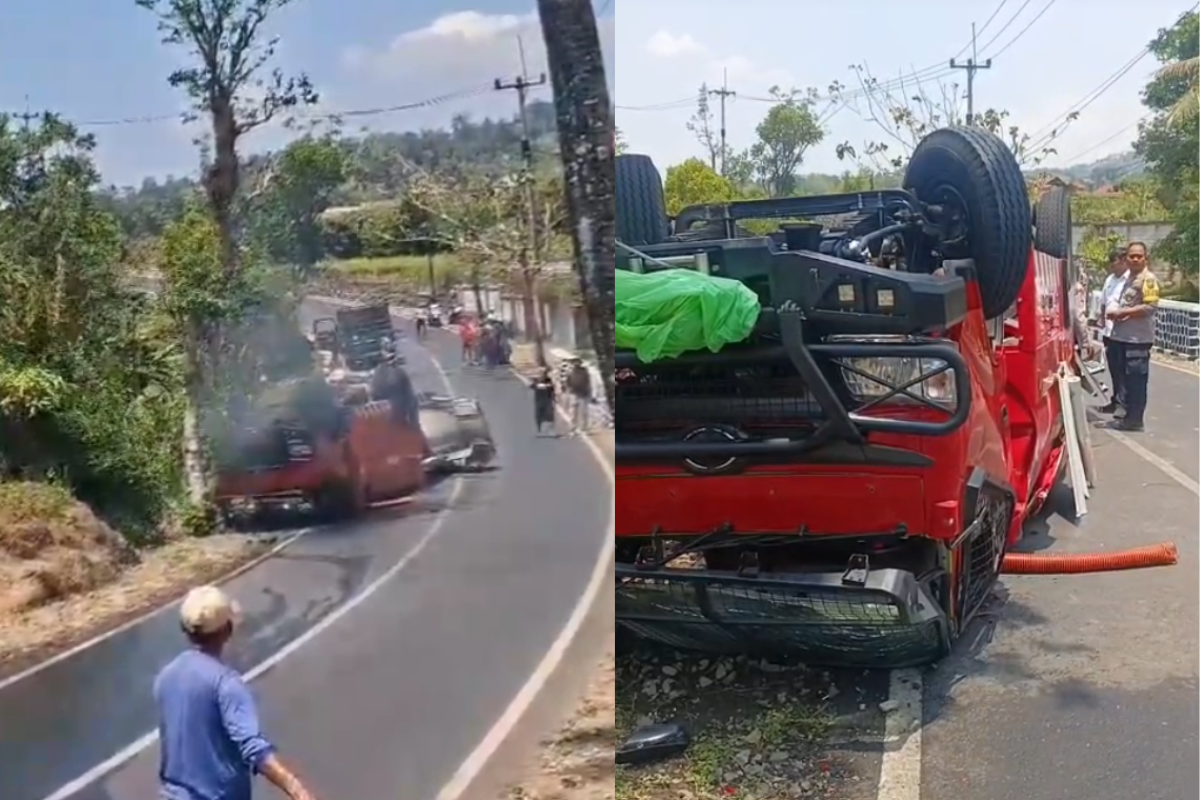 Mobil Damkar Terguling di Kuningan, Warga: Rek Mareuman Api, Tiguling!