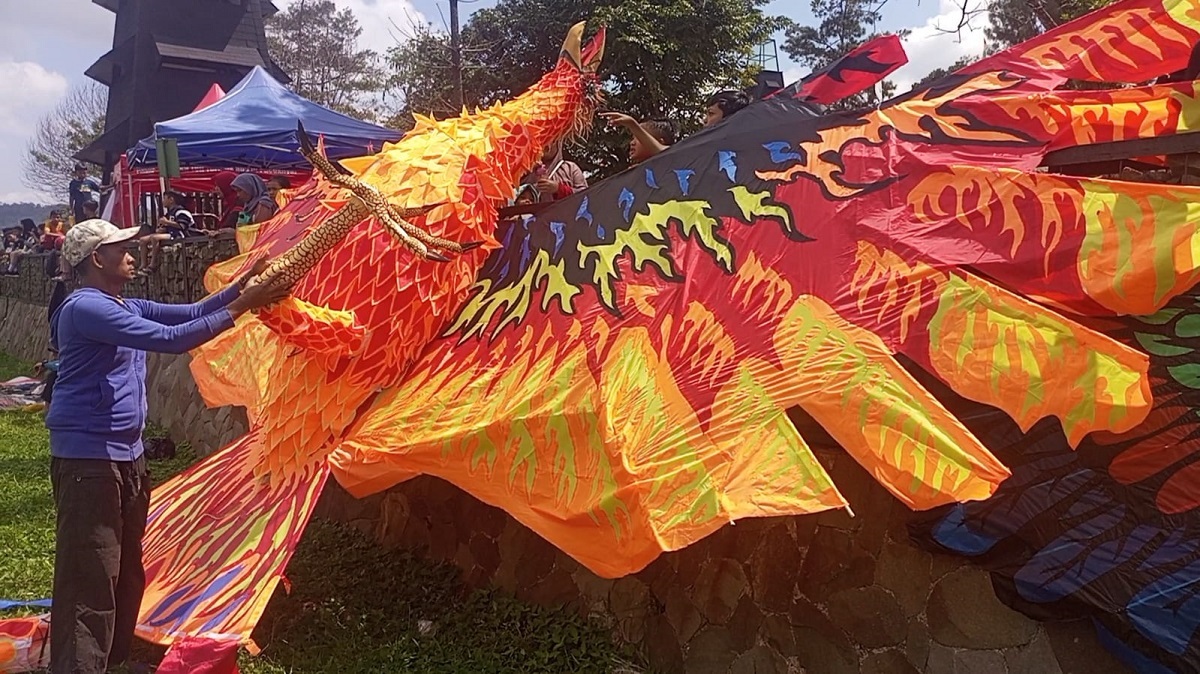 Diterbangkan 12 Orang, Ini Dia Penampakan Layang-layang Burung Phoenix di Waduk Darma Kuningan