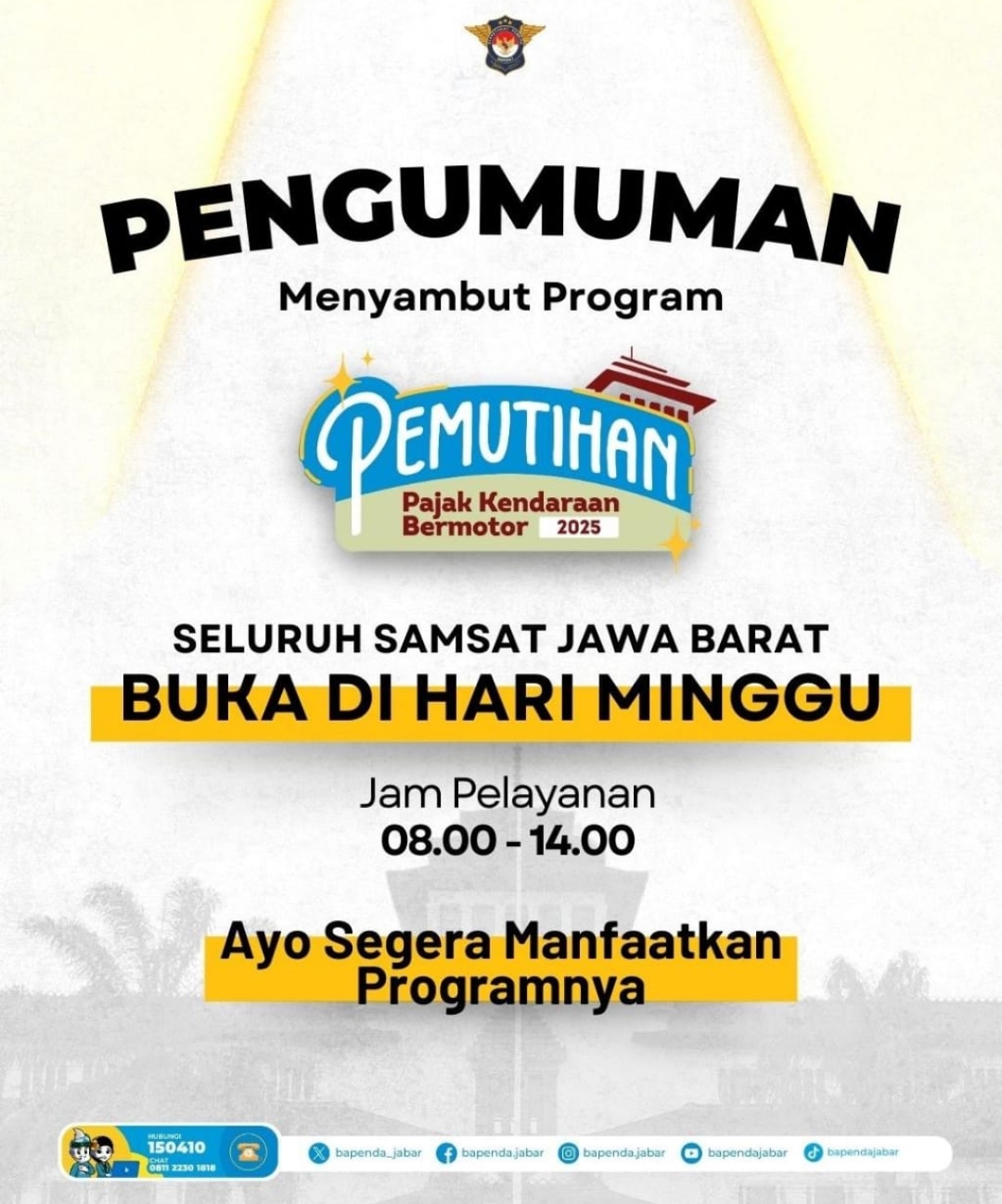 Pengumuman! Samsat se-Jabar Hari Minggu Tetap Buka Layani Program Pemutihan Pajak Kendaraan Bermotor