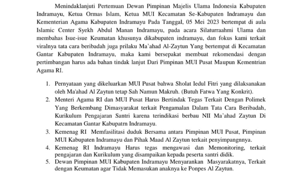 Rekomendasi MUI Indramayu kepada Menag: Tidak Memasukan Anak ke Ponpes Al Zaytun