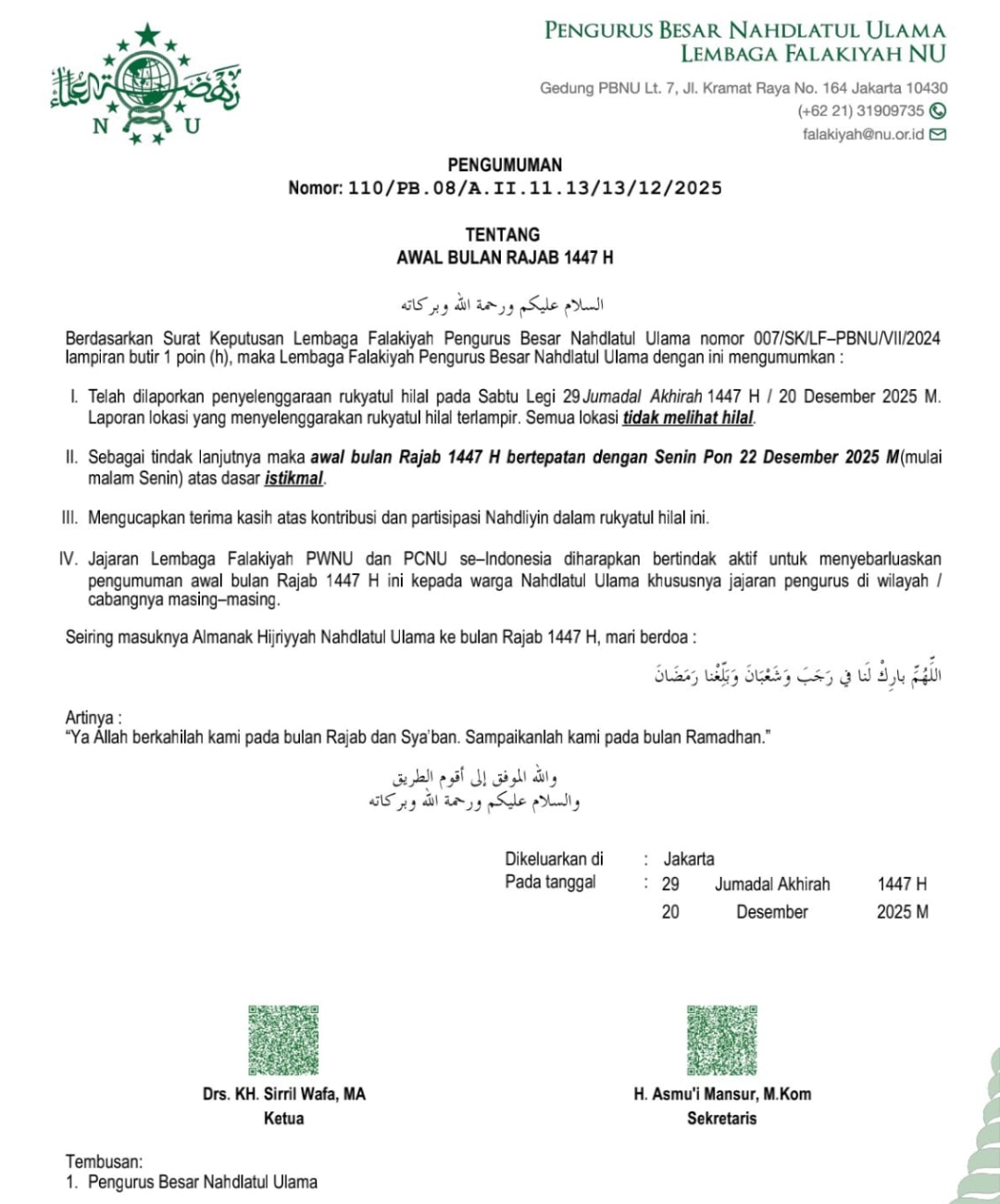 PBNU Resmi Umumkan 1 Rajab 1447 H: Senin 22 Desember 2025