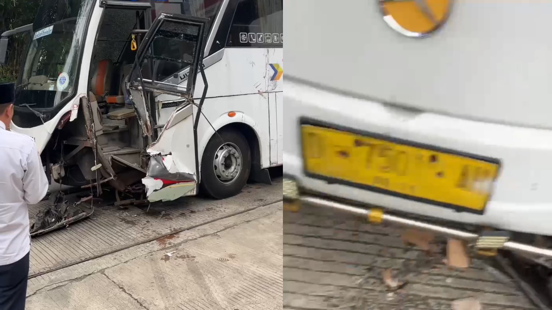 Diduga Gagal Ngerem, Bus DAMRI Tabrak Tembok Toko Bangunan di Kuningan