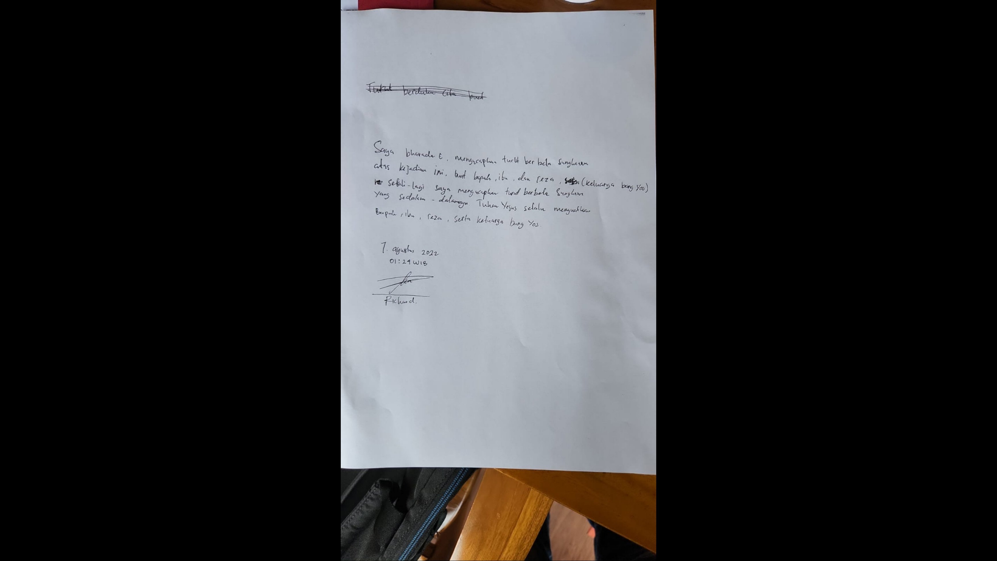 Surat Bharada E untuk Keluarga Bang Yos, Lihat Itu Tulisan Tangannya