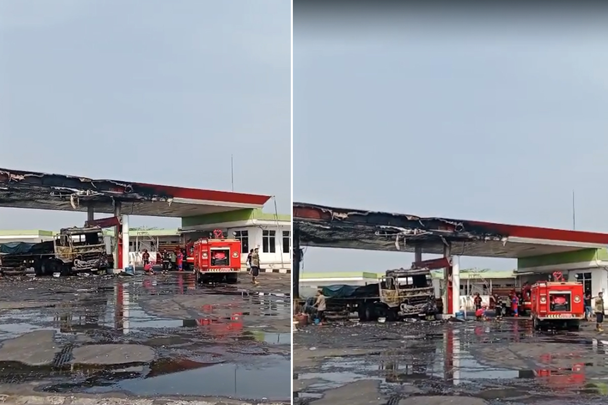 Minibus dan Truk Tronton Terbakar di SPBU Tulungagung Indramayu