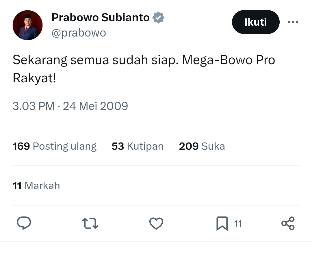 Ketika Netizen Menggali Sampai 'Kerak Bumi' Ungkit Cuitan Prabowo Tahun 2009: Mega - Bowo Pro Rakyat