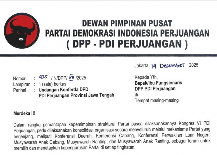 Bocoran Surat DPP PDIP, Konferda Jawa Tengah Digelar di Jakarta 16 Desember 2025