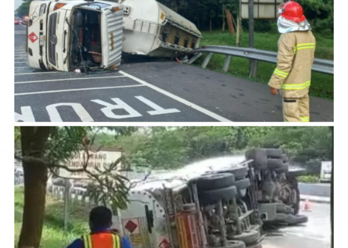 Sopir Mengantuk, Truk Tangki BBM Terguling di Tol Cipali Arah Cirebon