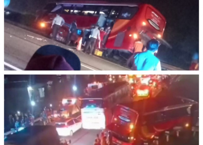 Bus Medali Mas Tergelincir ke Parit di Tol Palikanci Cirebon