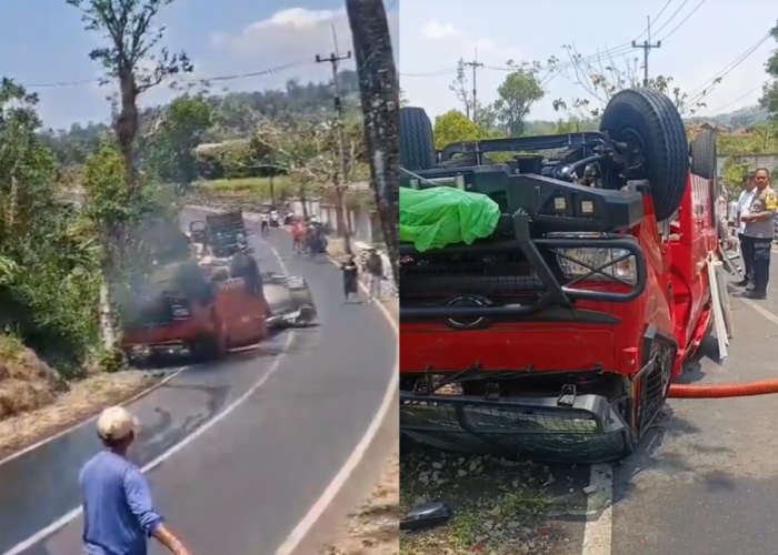 Mobil Damkar Terguling di Kuningan, Warga: Rek Mareuman Api, Tiguling!